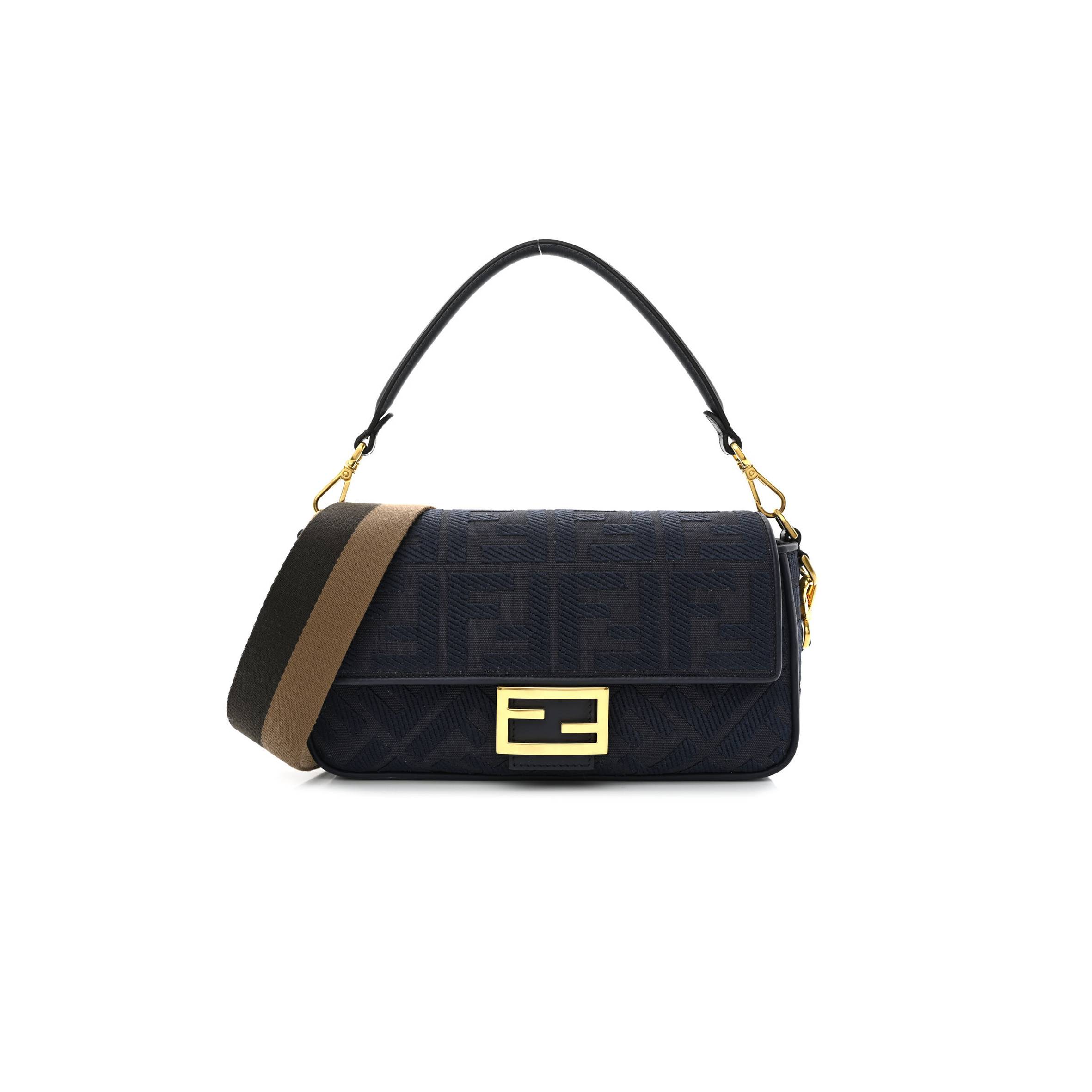 FENDI CANVAS VITELLO KING BI-COLOR STRAP FF EMBROIDERED BAGUETTE MIDNIGHT (27*16*6cm)