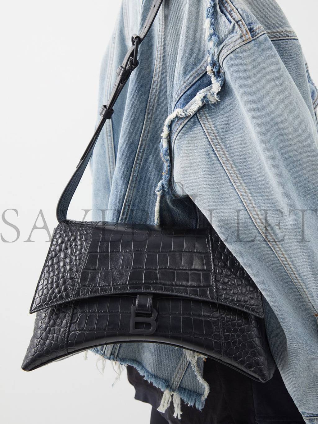 BALENCIAGA BLACK DOWNTOWN CROCODILE-EFFECT CROSS-BODY BAG MATCHESFASHION US (32*19*4.5cm)