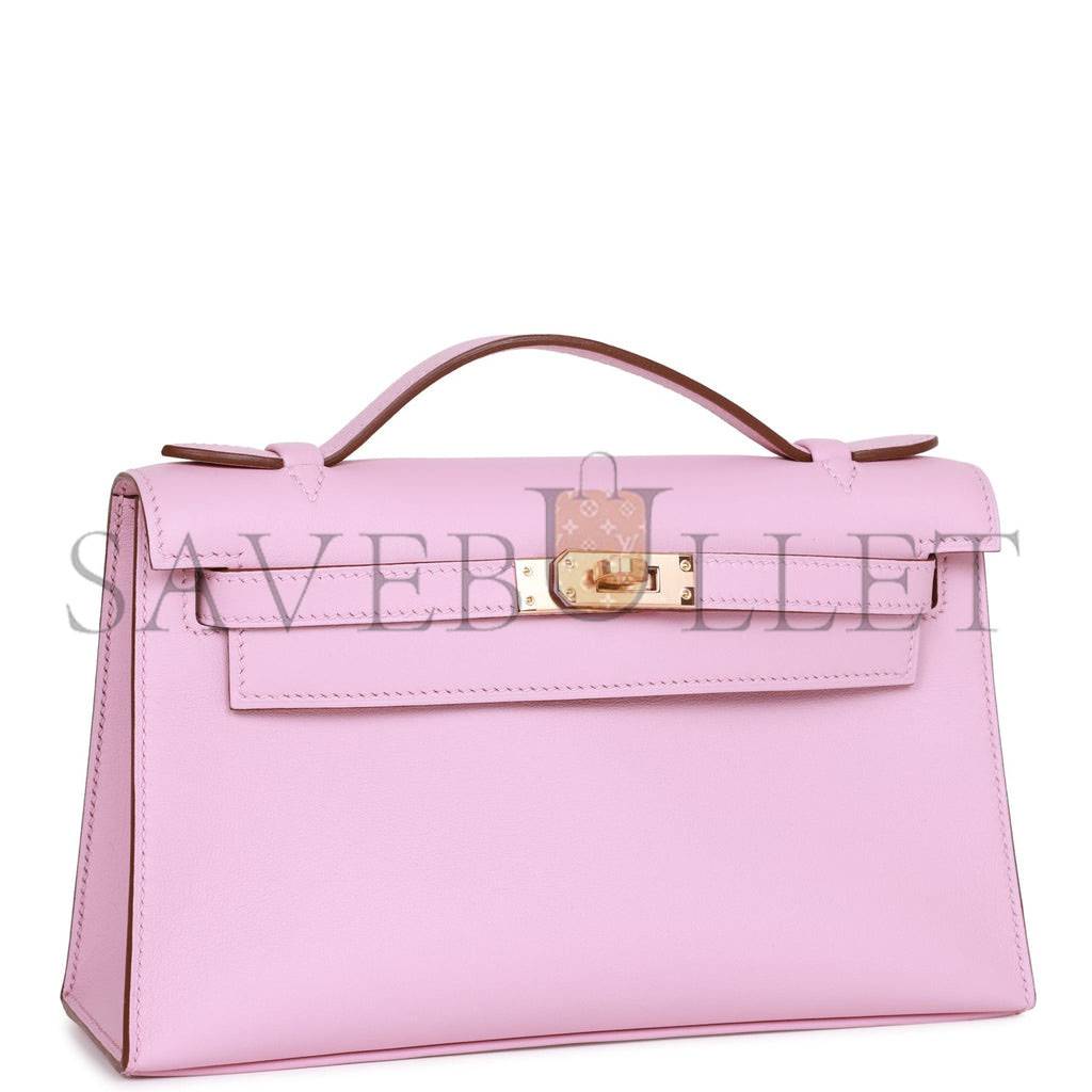 HERMES KELLY POCHETTE MAUVE SYLVESTRE SWIFT ROSE GOLD HARDWARE  (22*12*13cm)