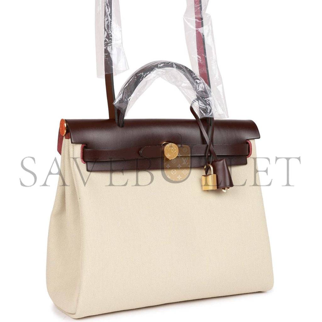 HERMES HERBAG ZIP PM 31 BETON TOILE H BERLINE ROUGE SELLIER HUNTER GOLD HARDWARE (30*27*11cm)