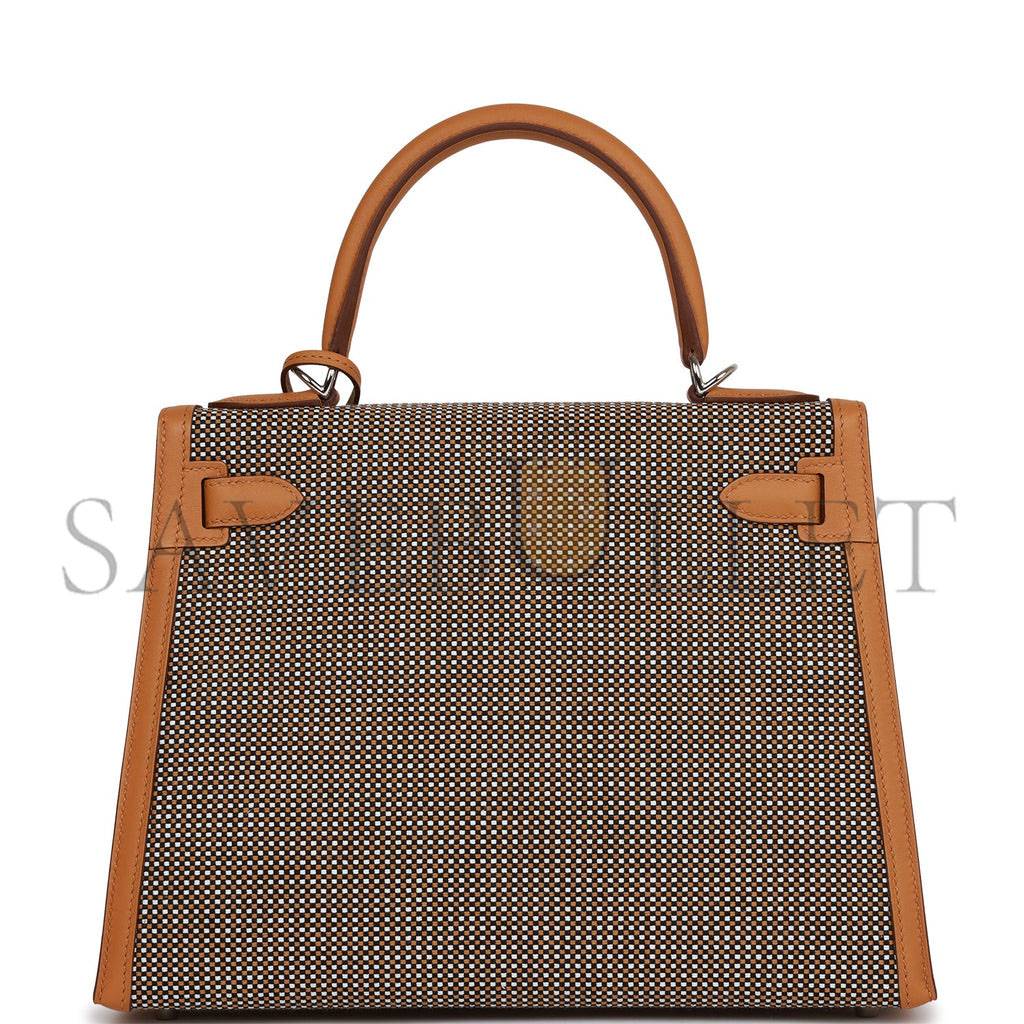 HERMES QUADRILLE KELLY SELLIER 28 SESAME TOILE AND SWIFT PALLADIUM HARDWARE (28*21*12cm)