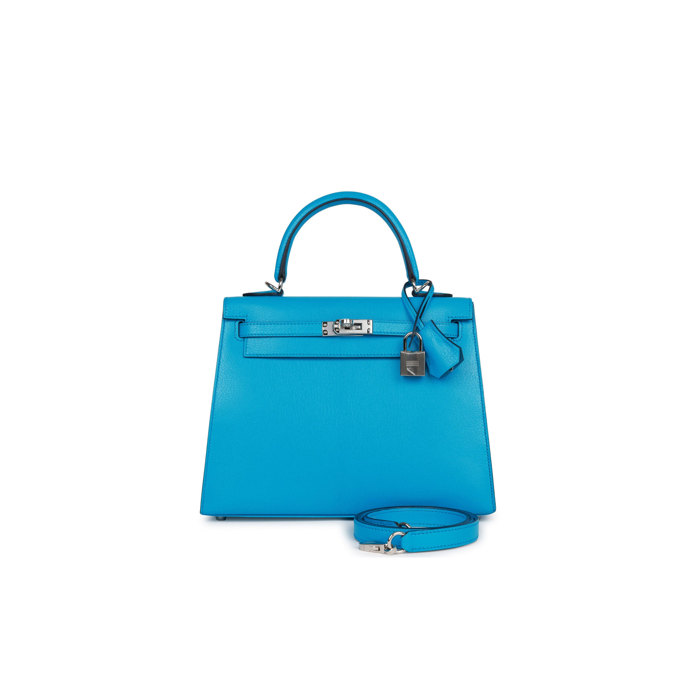 HERMES KELLY SELLIER 25 BLEU FRIDA CHEVRE PALLADIUM HARDWARE (25*17*7cm)