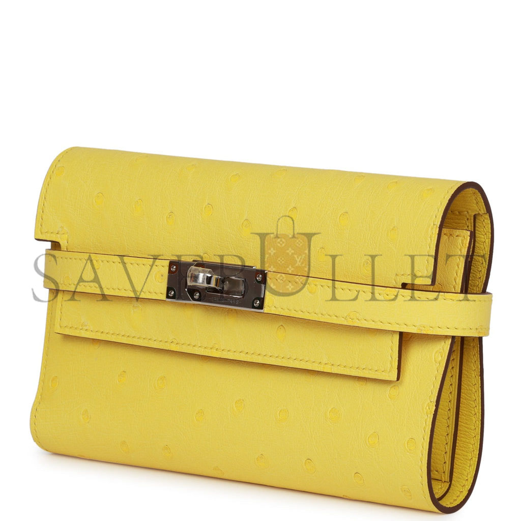 HERMES MEDIUM KELLY DEPLIANT WALLET JAUNE CITRON OSTRICH PALLADIUM HARDWARE (15*10*3cm)