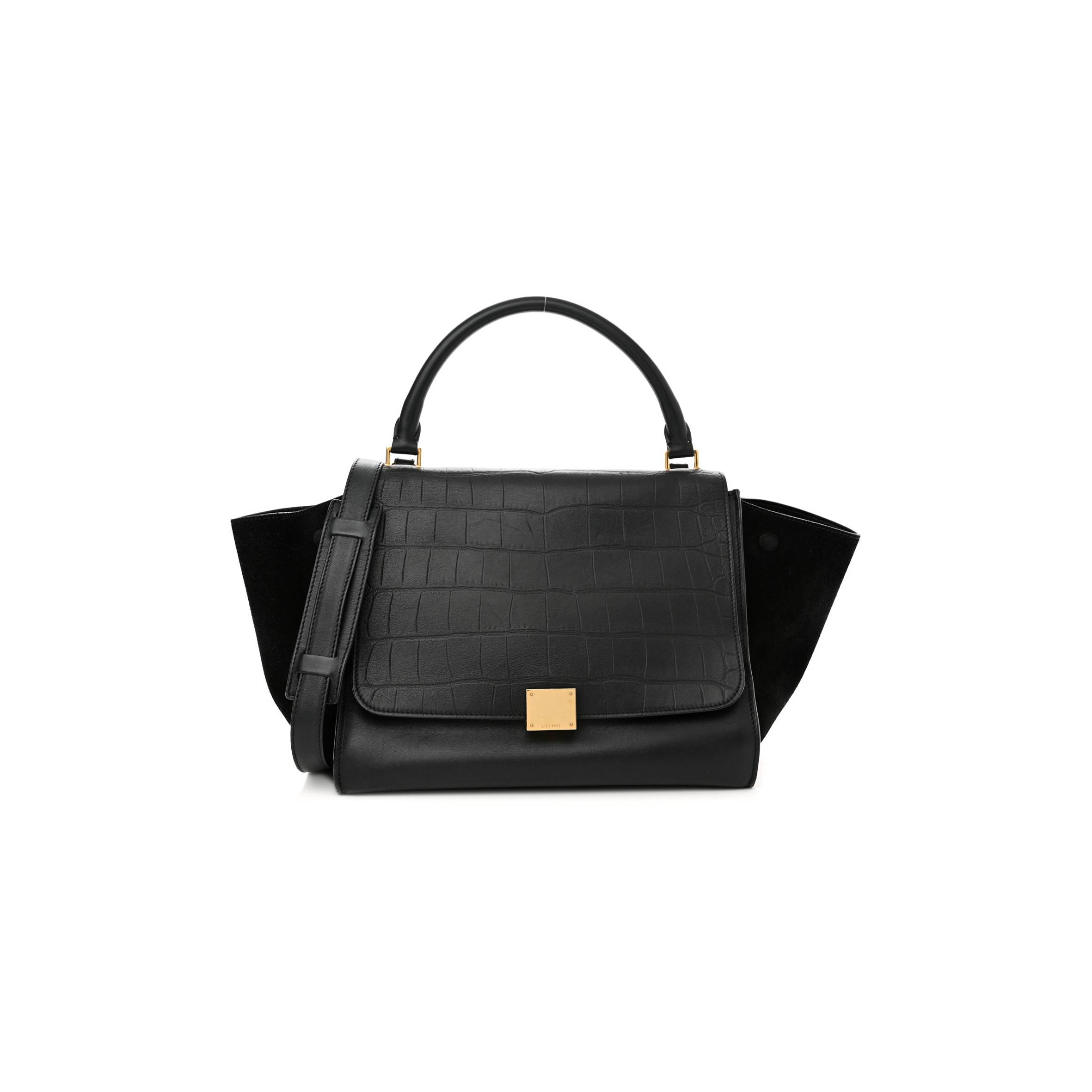 CELINE CROCODILE EMBOSSED CALFSKIN SUEDE MEDIUM TRAPEZE BLACK (30*25*18cm)